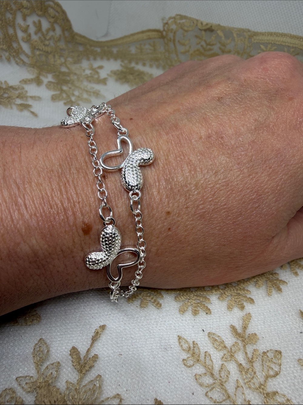 925 Sterling Silver Double Strand Sculptural Butterfly Bracelet Adjustable